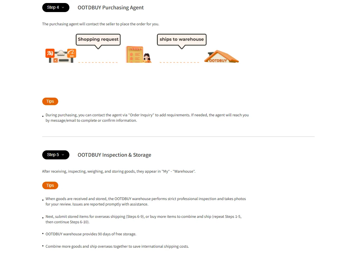 Steps 4 and 5 of the official OOTDBUY tutorial, covering the purchasing agent and warehouse inspection and storage.
