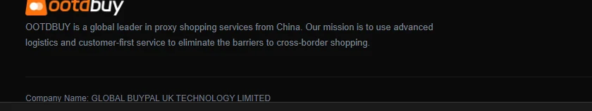 The footer of an OOTDBUY notice page showing the operating company name GLOBAL BUYPAL UK TECHNOLOGY LIMITED and the payment methods it accepts.