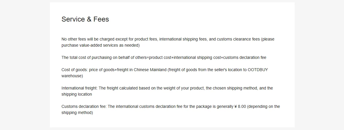 The OOTDBUY Service and Fees notice, listing product cost, international freight and a customs declaration fee of 8 CNY.