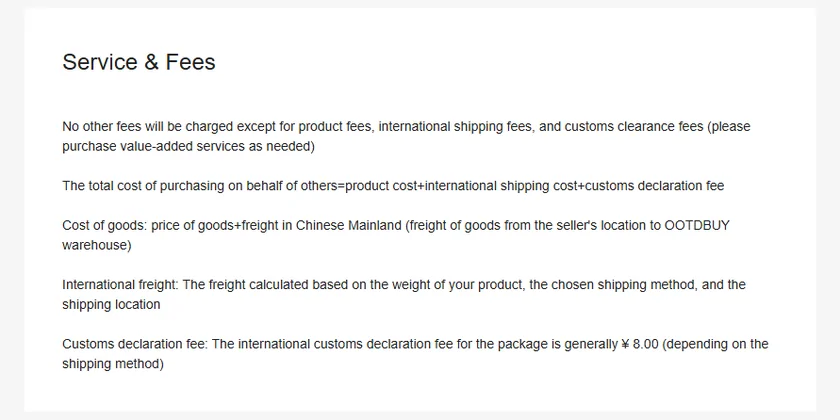 The OOTDBUY Service and Fees notice, listing product cost, international freight and a customs declaration fee of 8 CNY.