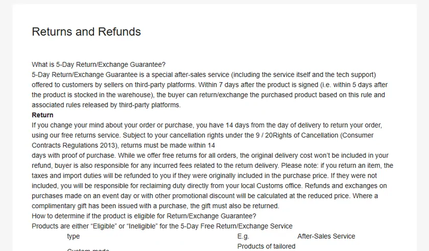 The opening of the OOTDBUY Returns and Refunds notice, describing the five day return and exchange guarantee.