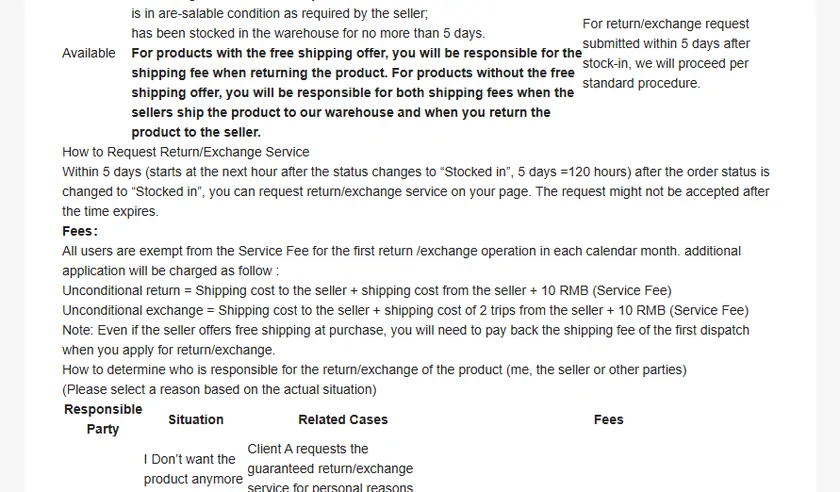 A table from the OOTDBUY returns notice with columns for responsible party, situation, related cases and fees.