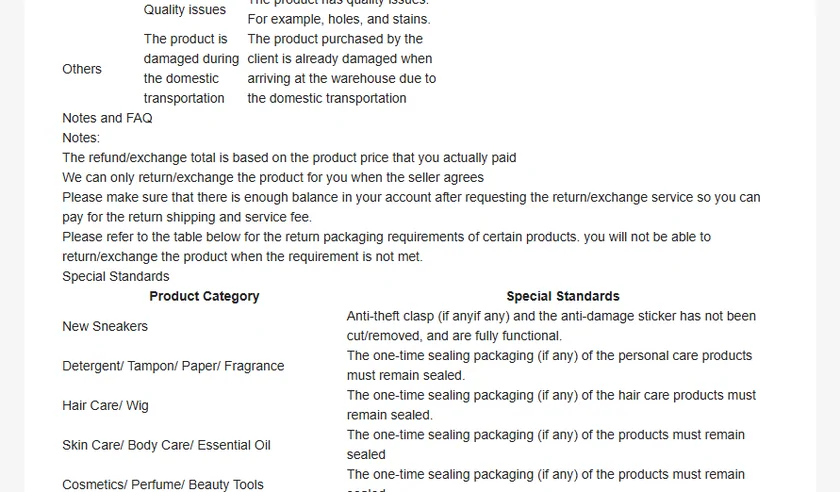 A list of sealing and packaging conditions by product category from the OOTDBUY returns notice.