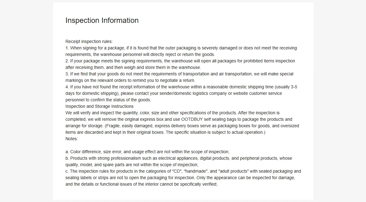 The OOTDBUY Inspection Information notice, listing what the warehouse checks on receipt and what it excludes.