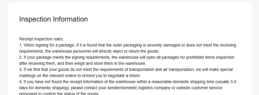 The OOTDBUY Inspection Information notice, listing what the warehouse checks on receipt and what it excludes.