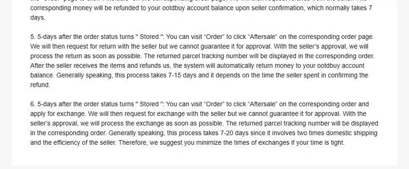 OOTDBUY after-sales policy explaining refunds to the account balance