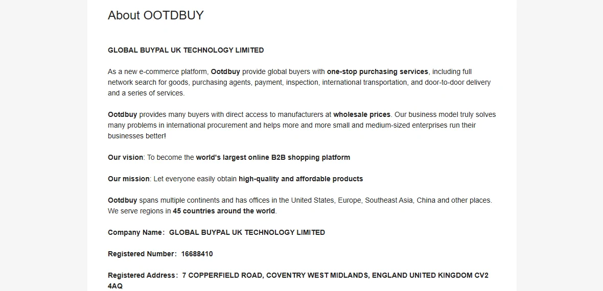 The About OOTDBUY page naming GLOBAL BUYPAL UK TECHNOLOGY LIMITED, registered number 16688410 and a registered address in Coventry, England, alongside the company vision and the claim of serving 45 countries