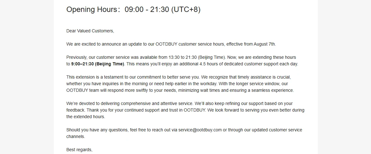 The OOTDBUY announcement extending customer service hours from 13:30 to 21:30 to 09:00 to 21:30 Beijing time, signed August 7th 2025