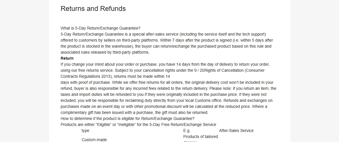 The top of the OOTDBUY returns and refunds page, defining the five day return and exchange guarantee as a service offered by sellers on third-party platforms, followed by a separate 14 day cancellation right citing the Consumer Contracts Regulations 2013