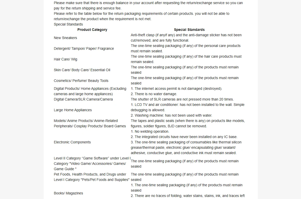 The special standards table on the OOTDBUY returns page, listing product categories against the packing condition each one has to be in for a return, including sealed packaging on cosmetics and a shutter count limit on cameras