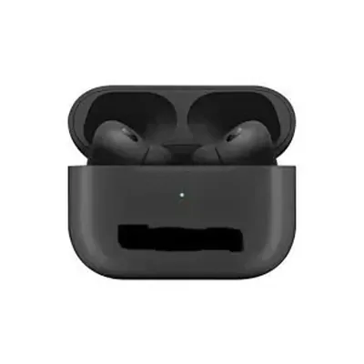 A black wireless earbud charging case, closed, on a white background.