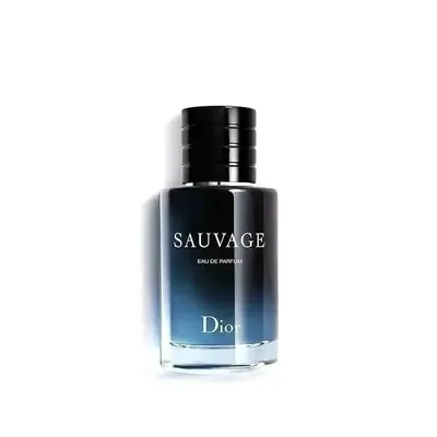 A tall dark blue glass fragrance bottle with a black cap, standing against a white background.