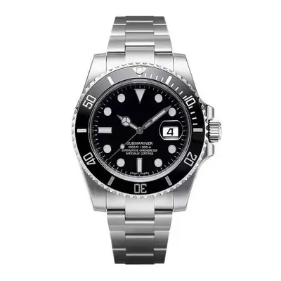 A steel dive watch with a black dial and rotating bezel on a steel bracelet, against a white background.